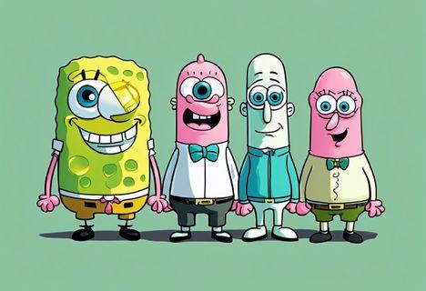 SpongeBob, Patrick, and Squidward stand in a line, each with their own unique expression and pose, ready for a personality quiz
