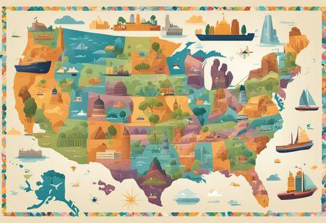 A map of the United States with various landmarks and symbols representing different states, surrounded by vibrant colors and bold typography