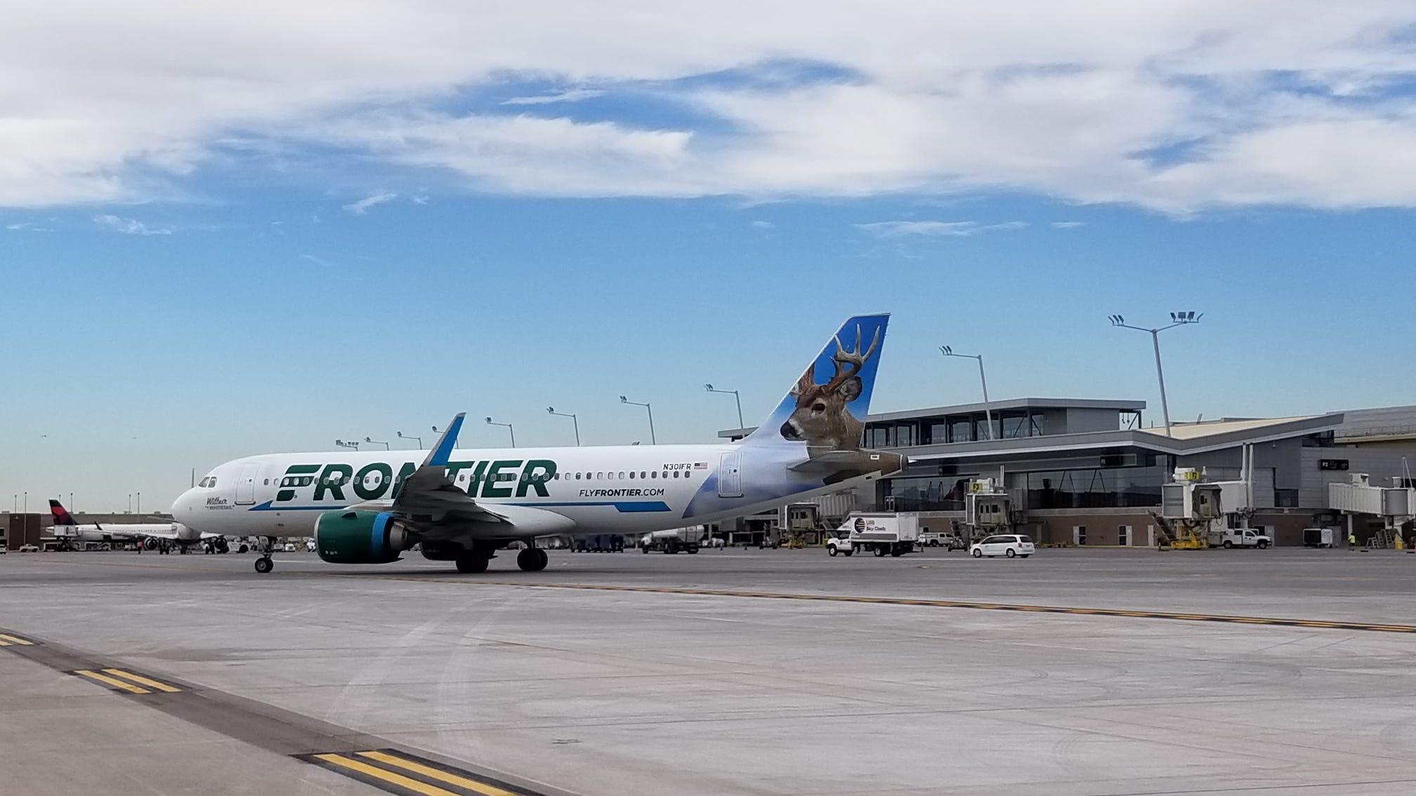 A Frontier Airlines plane at Phoenix Sky Harbor International Airport