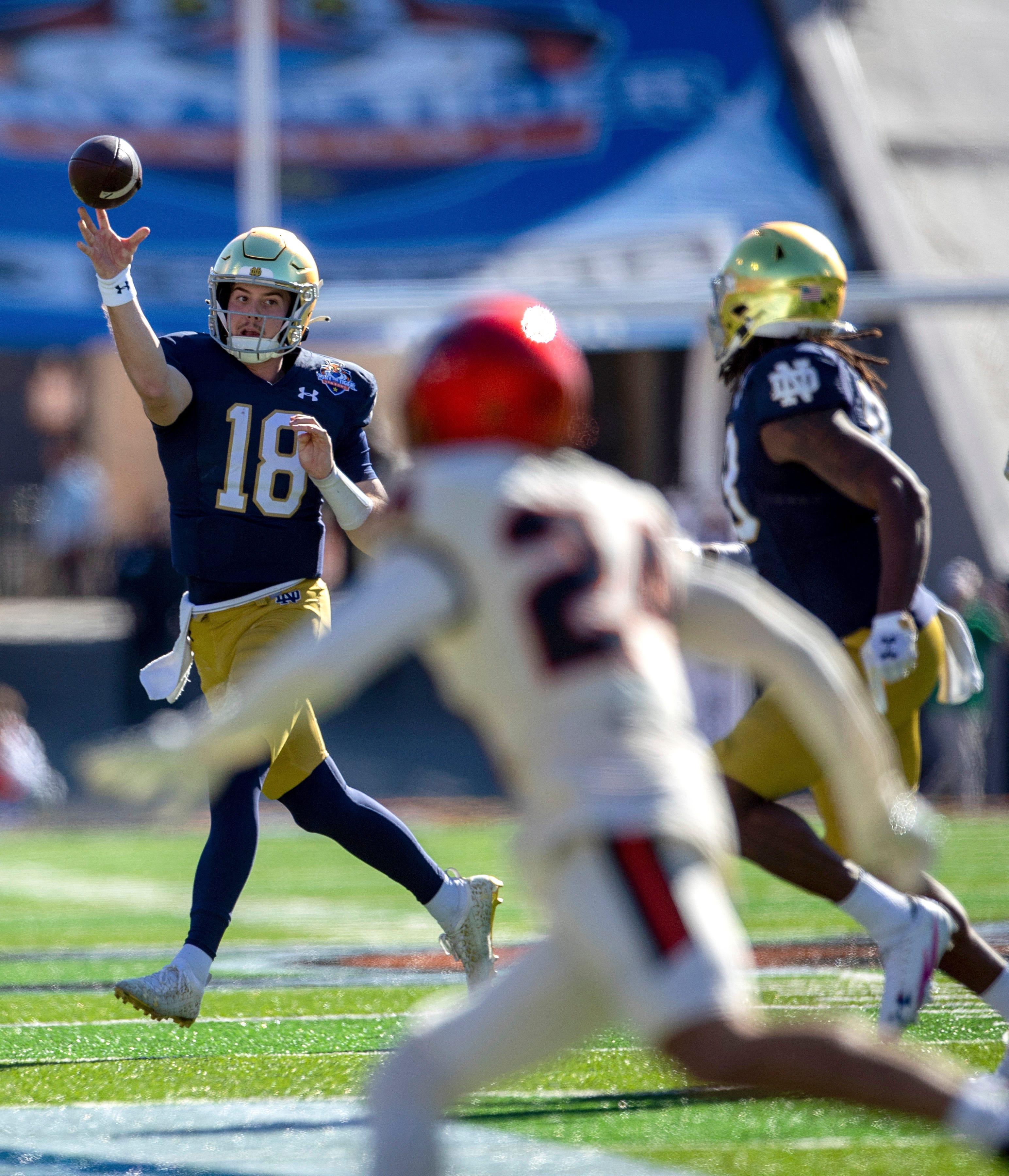Notre Dame quarterback Steve Angeli (18) throws a pass during the first half of the Sun Bowl NCAA college football game against Oregon State, Friday, Dec. 29, 2023, in El Paso, Texas. (AP Photo/Andres Leighton)