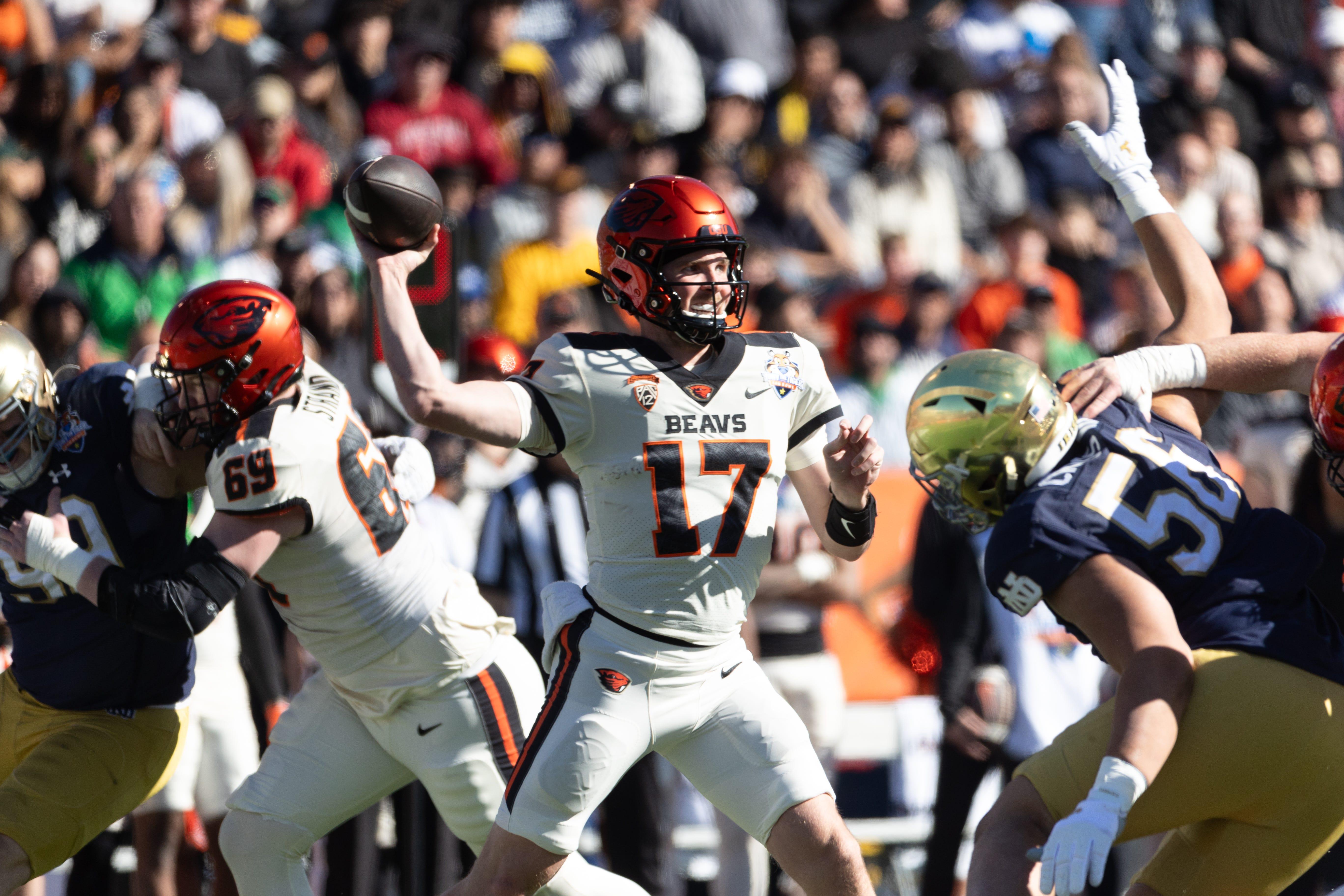 Oregon State quarterback Ben Gulbranson passes during the 90th Sun Bowl game against Notre Dame in El Paso, Texas on Friday, Dec. 29, 2023.