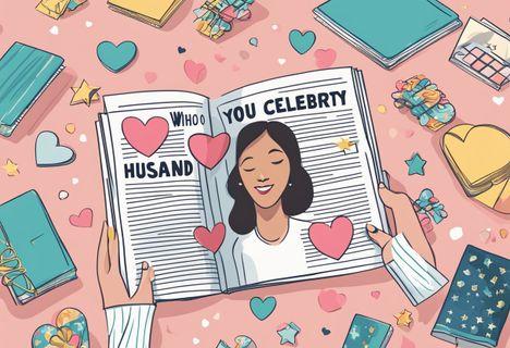A woman's hand holds a magazine with the title "Who Is Your Celebrity Husband?" surrounded by hearts and stars