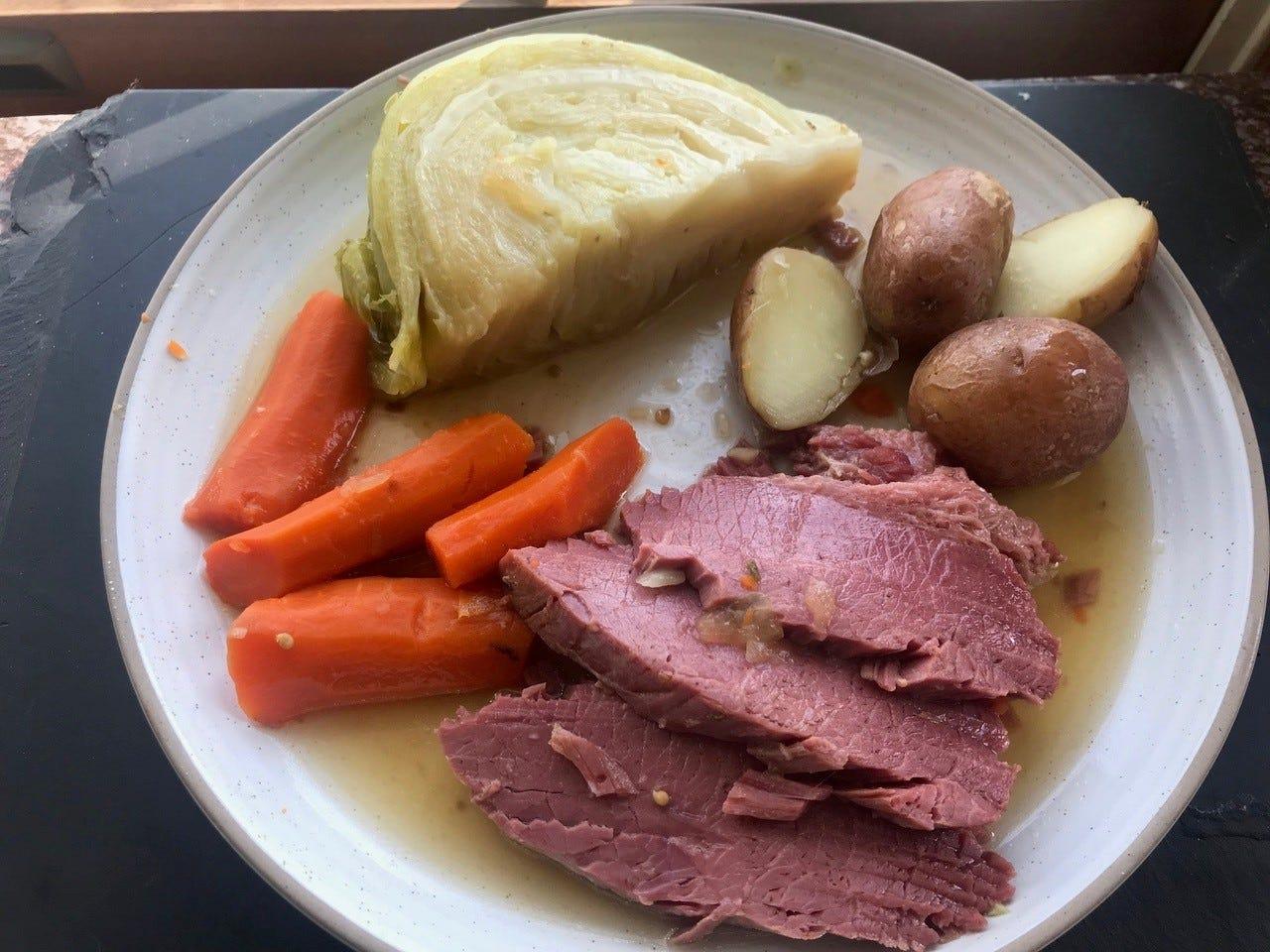 Corned beef and cabbage is a dish typically eaten on St. Patrick