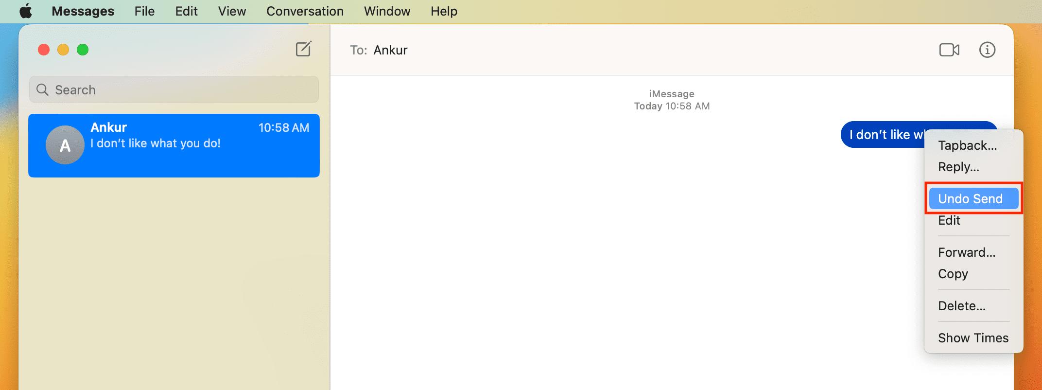 Mac screenshot showing how to unsend message