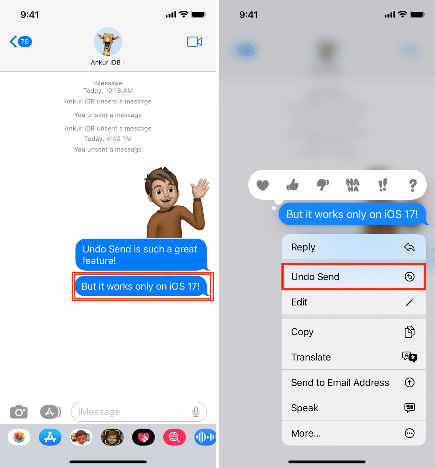 Two iPhone screenshots showing the new Undo Send feature to unsend messages