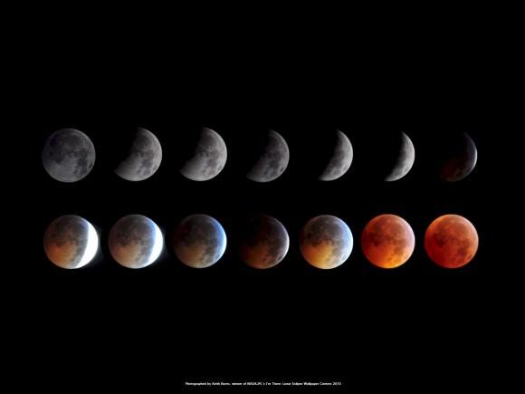 The phases of a lunar eclipse. Photo credit: Keith Burns for NASA/JPL