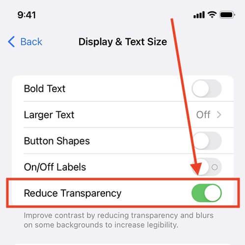 turn on reduce transparency on iPhone