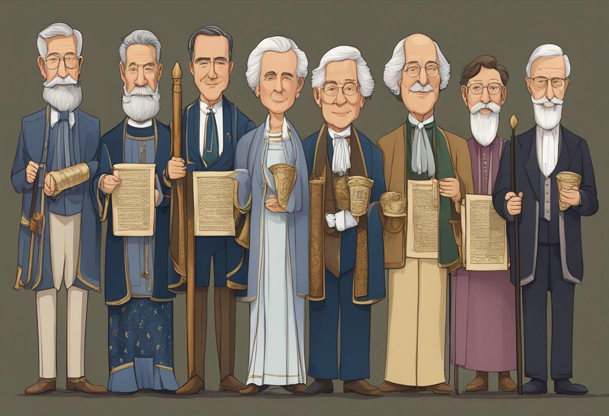 A group of historical figures named Bob stand in a line, each holding a scroll with their full names. The scrolls read