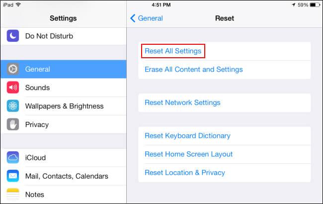 reset all settings ipad