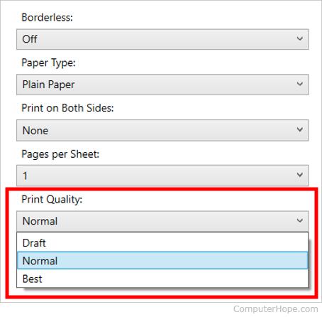 Printer quality options in printer properties window.