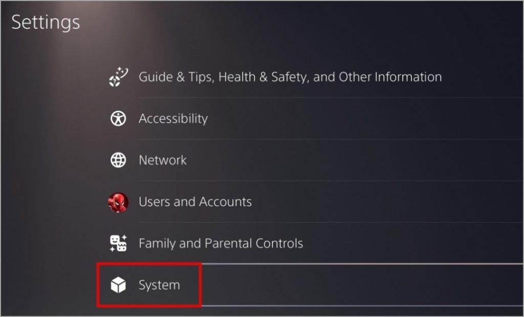 System Settings on PS5