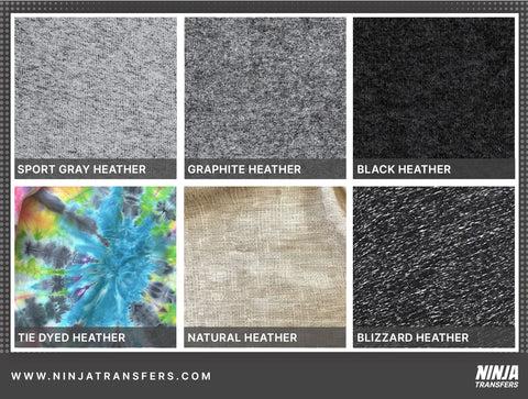 infographic grid of closeup photos of different heather fabric color examples, labeled