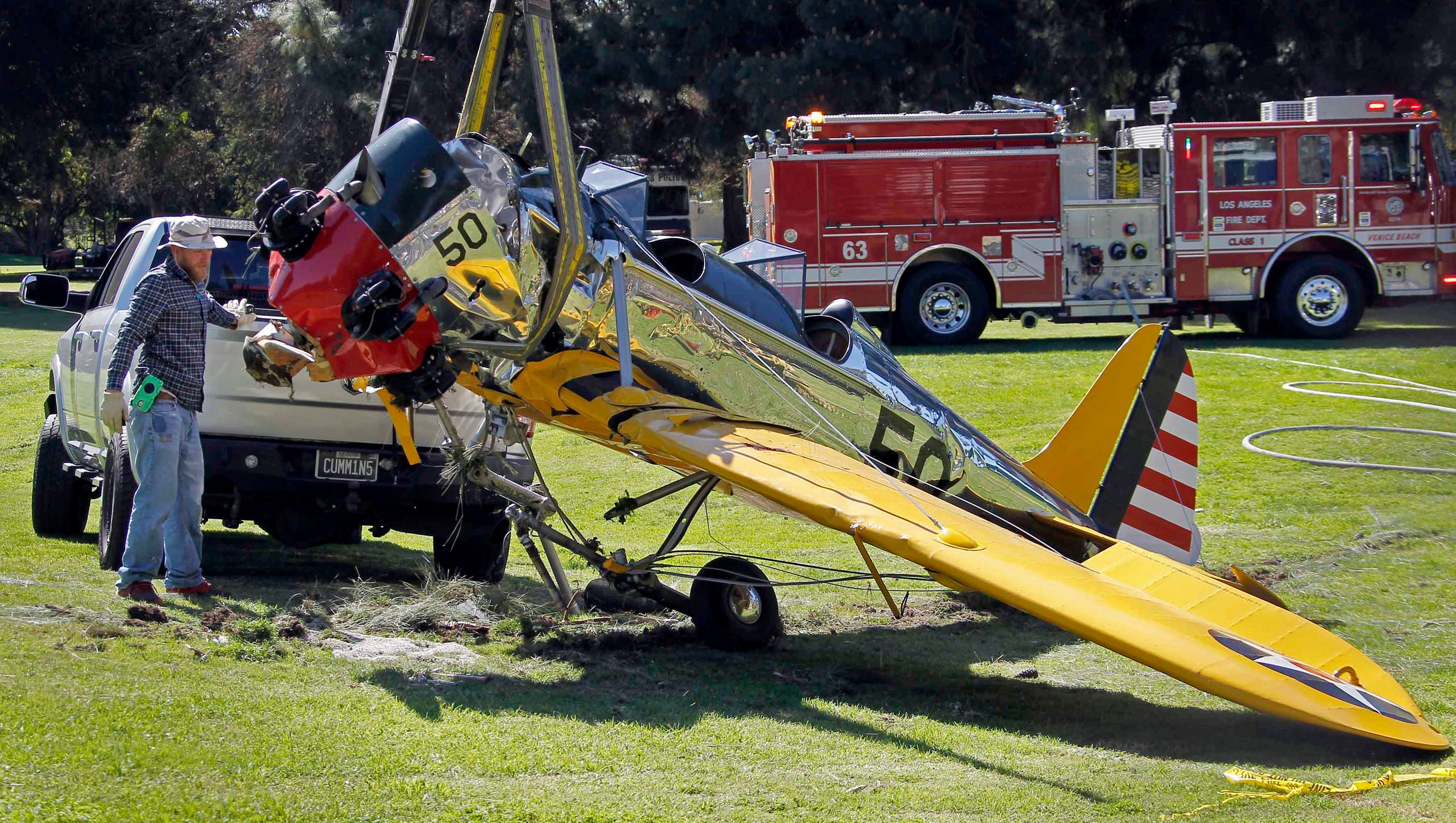 Harrison Ford was hospitalized after a plane crash in 2015. A problem with a carburetor part led to engine failure and the crash of the vintage airplane piloted by Ford in Santa Monica, Calif., according to the National Transportation Safety Board. The single-engine Ryan Aeronautical ST3KR struck a tree and crashed on a golf course about 800 feet from the runway, injuring the 73-year-old actor. No one on the ground was hurt.