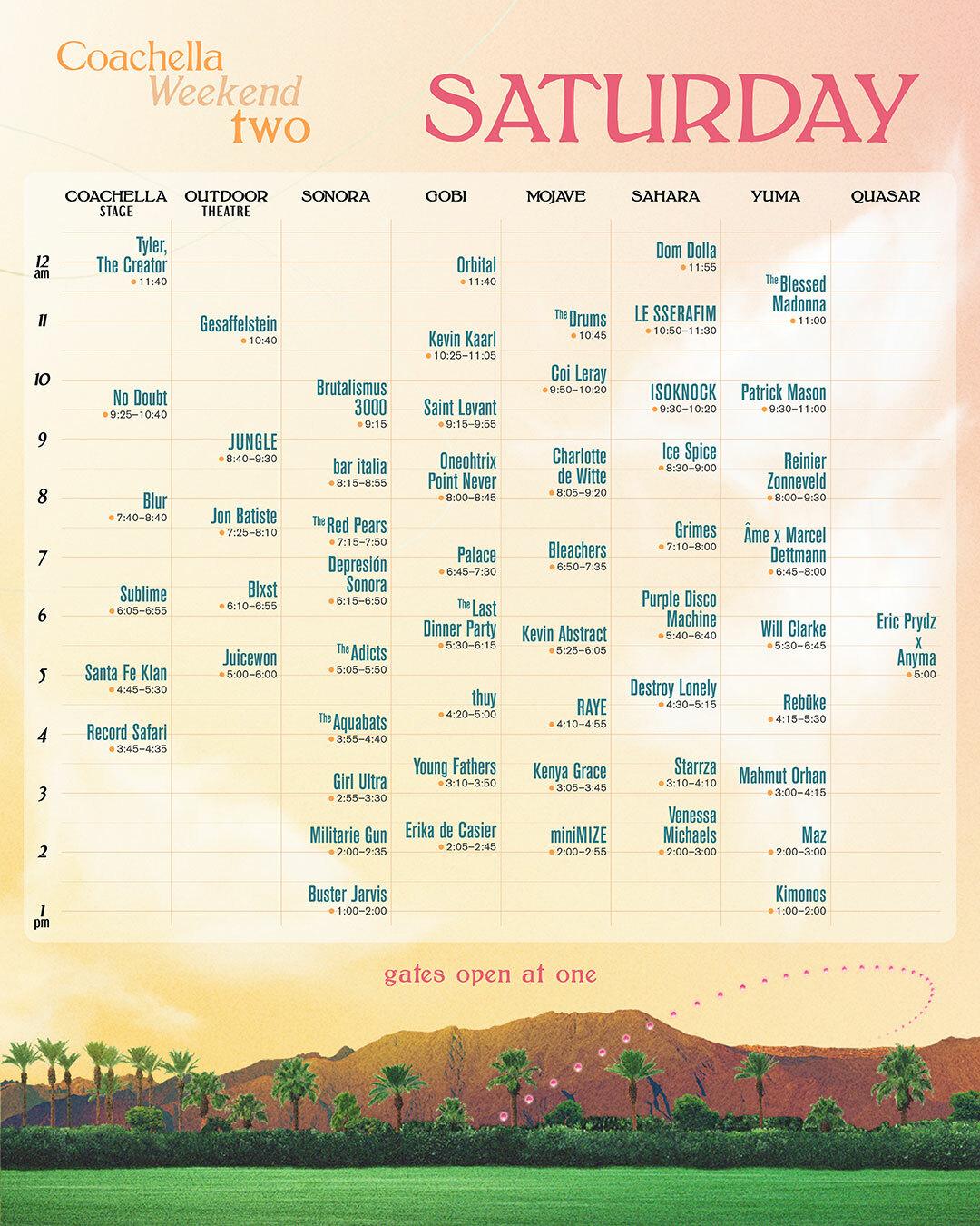 Coachella weekend two Saturday schedule