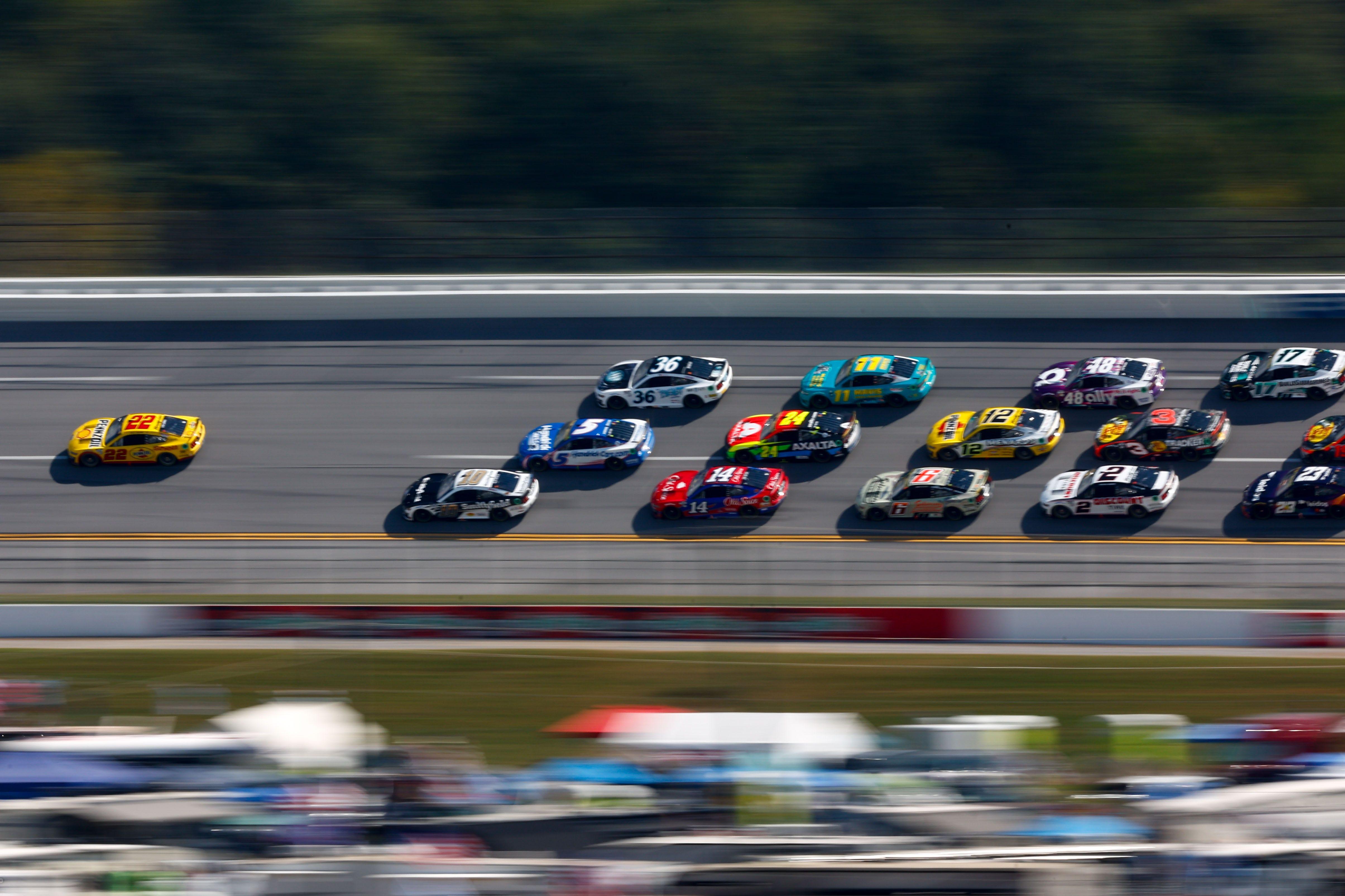NASCAR Cup Series drivers race through Turn 2 during the playoff race at Talladega Superspeedway on Oct. 1, 2023.