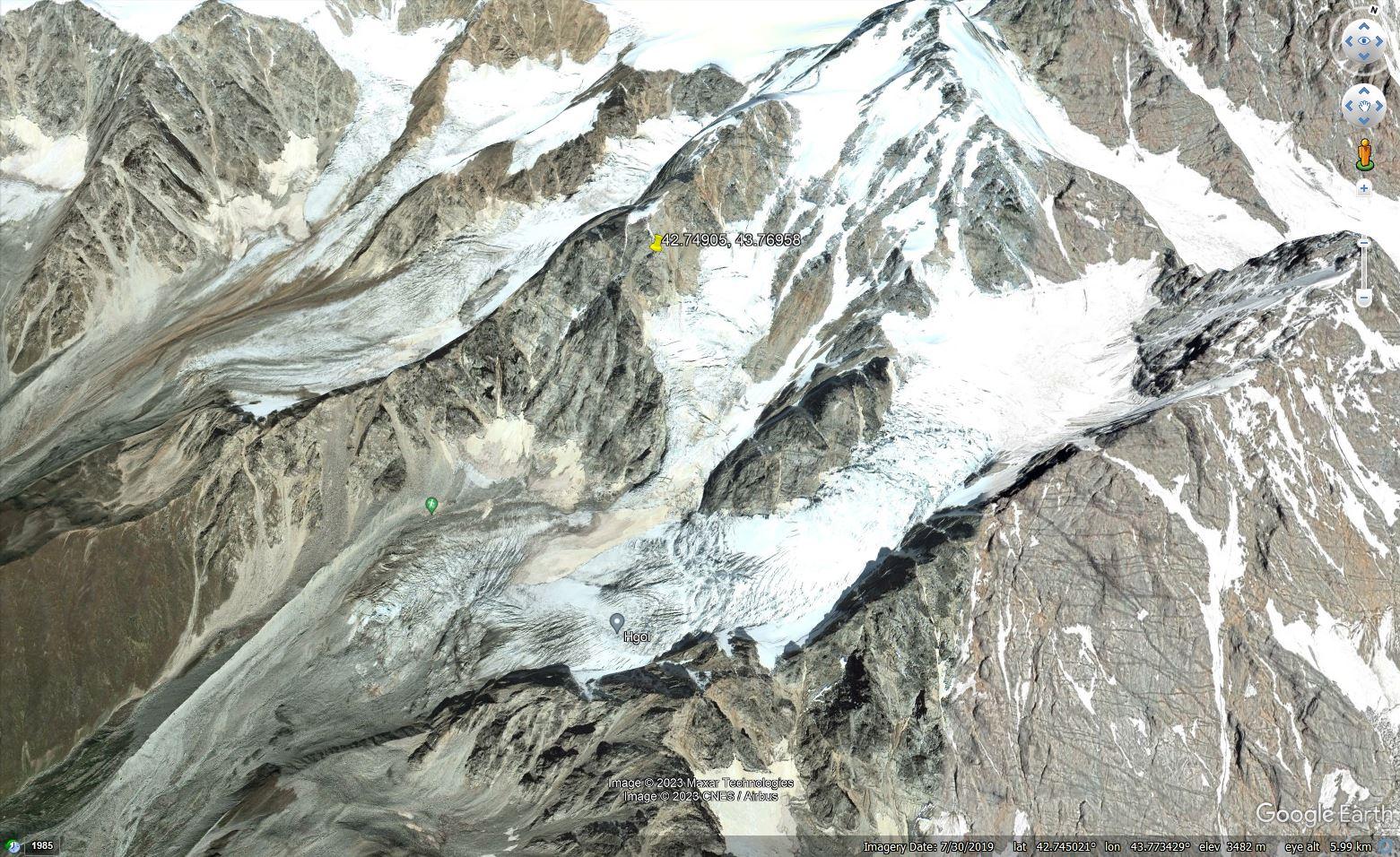 Google Earth image from 2019 showing the source zone of the 4 August 2023 landslide at Shovi in Georgia.