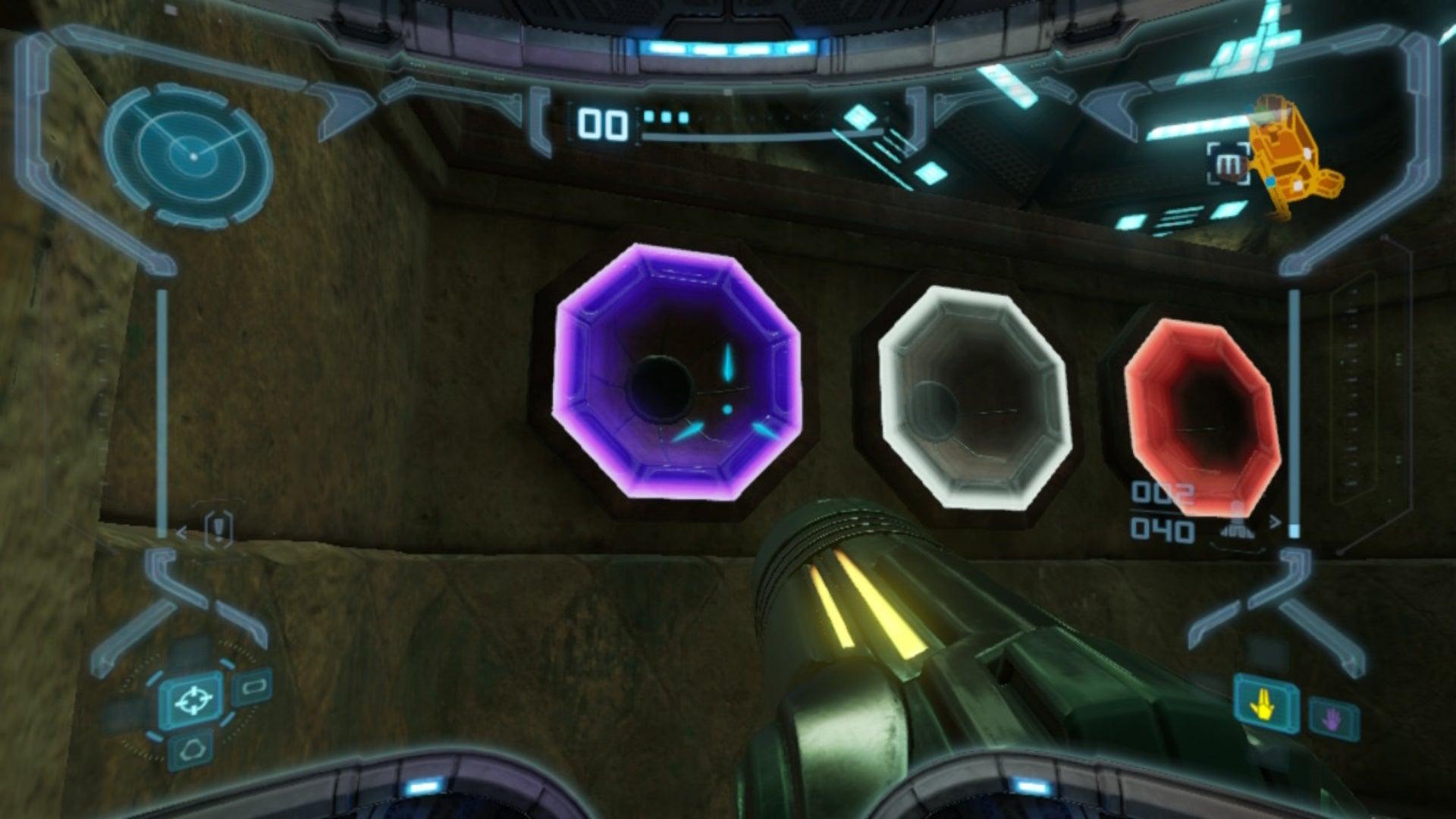 Samus faces three colourful rings in Metroid Prime Remastered