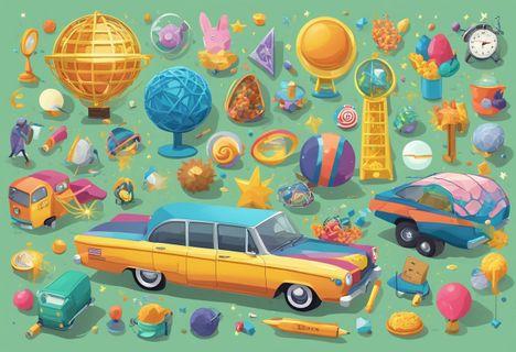 A group of iconic objects and symbols associated with each Big Bang Theory character, arranged in a playful and colorful composition