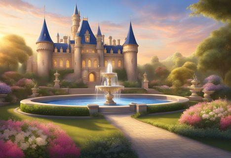 A majestic castle with a grand staircase, surrounded by lush gardens and a sparkling fountain. A royal carriage awaits at the entrance, while a magical sunset bathes the scene in warm light