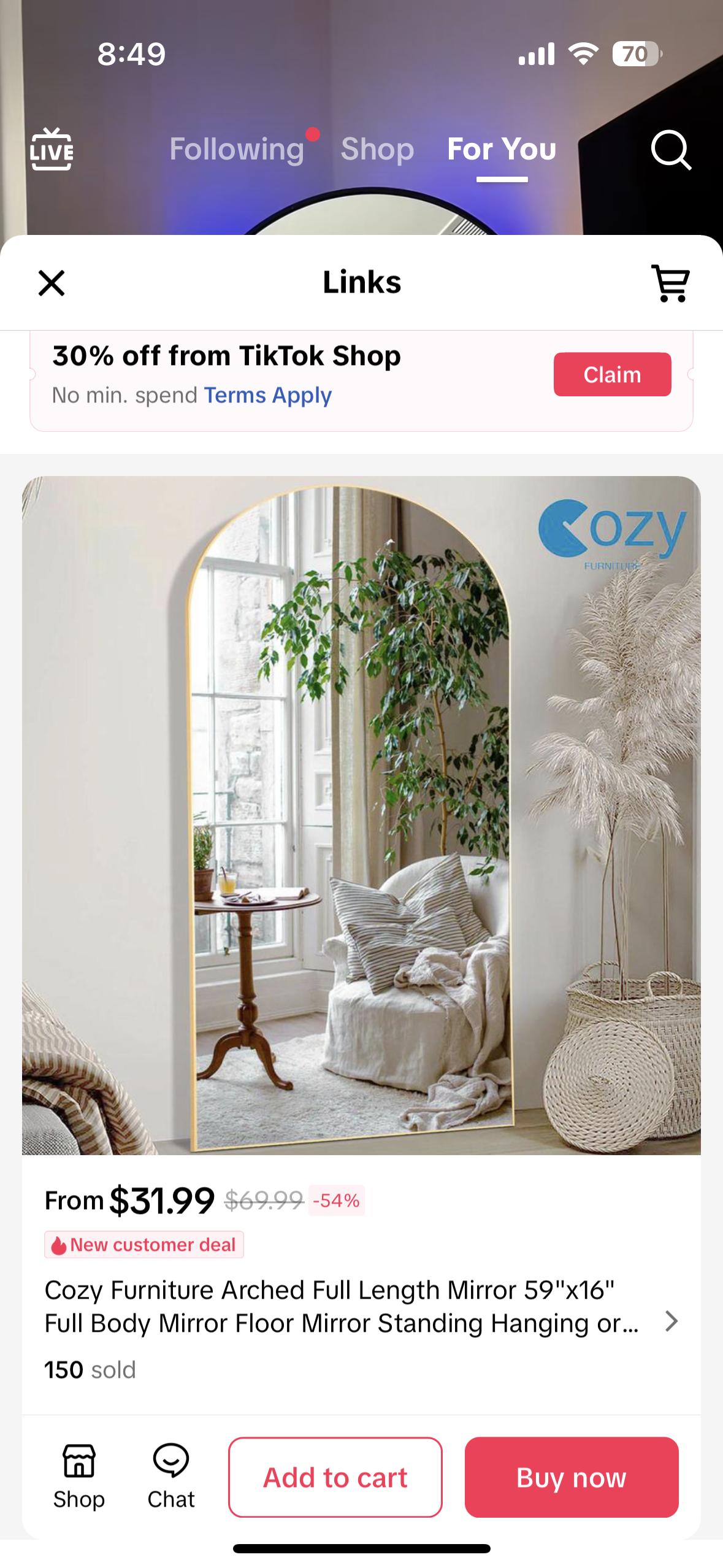 A listing for a full-length arched mirror on TikTok Shop. The listing features a 30% off promotion and several buttons including "buy now" and "add to cart."