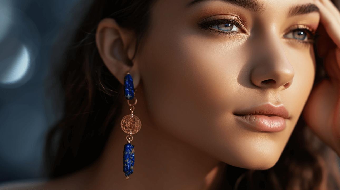 a woman wearing lapis lazuli earings