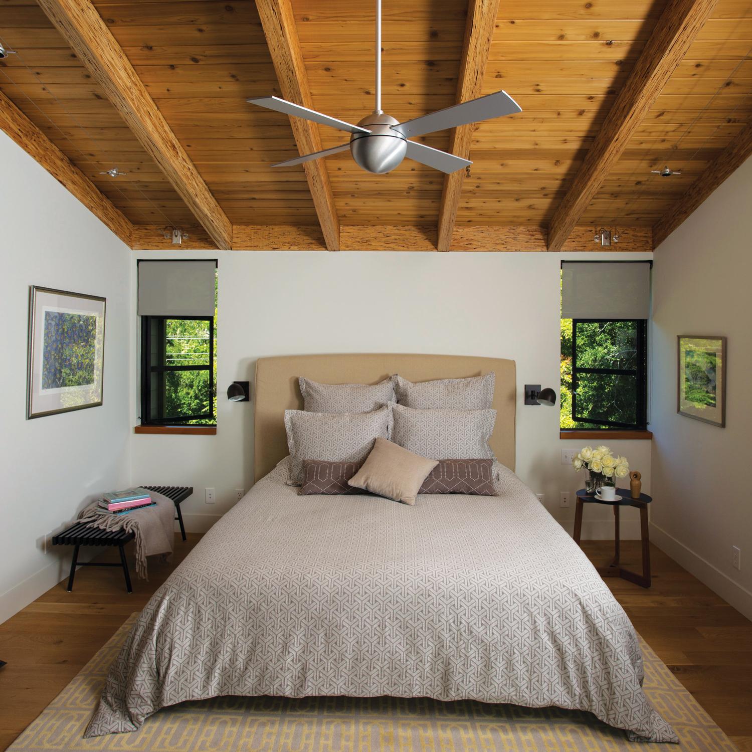 Ball Ceiling Fan on a vaulted bedroom ceiling.