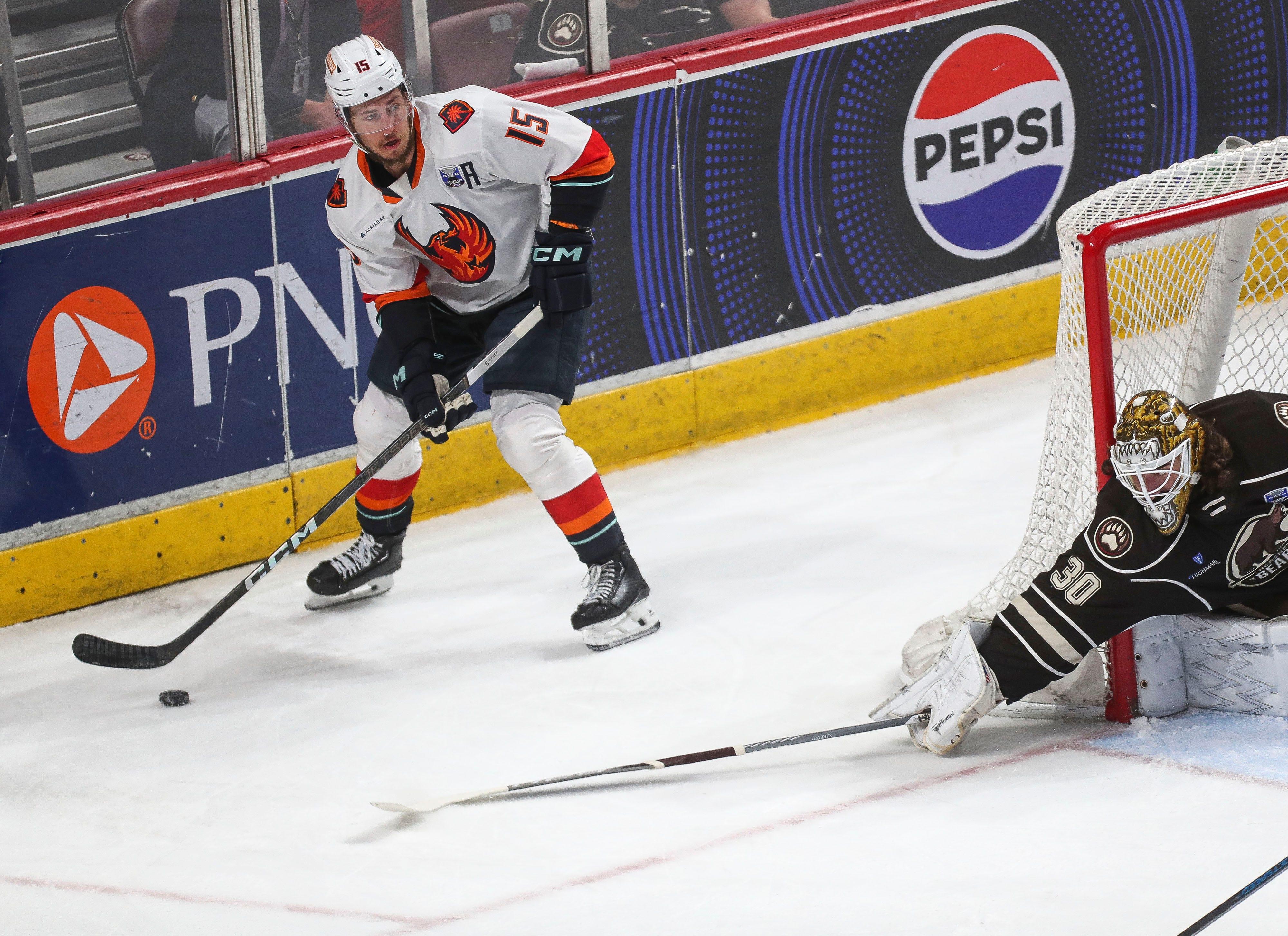 John Hayden, 15, of the Coachella Valley Firebirds looks for an open teammate against the Hershey Bears during Game 6 of the AHL Calder Cup at the Giant Center in Hershey, Pa., June 24, 2024.