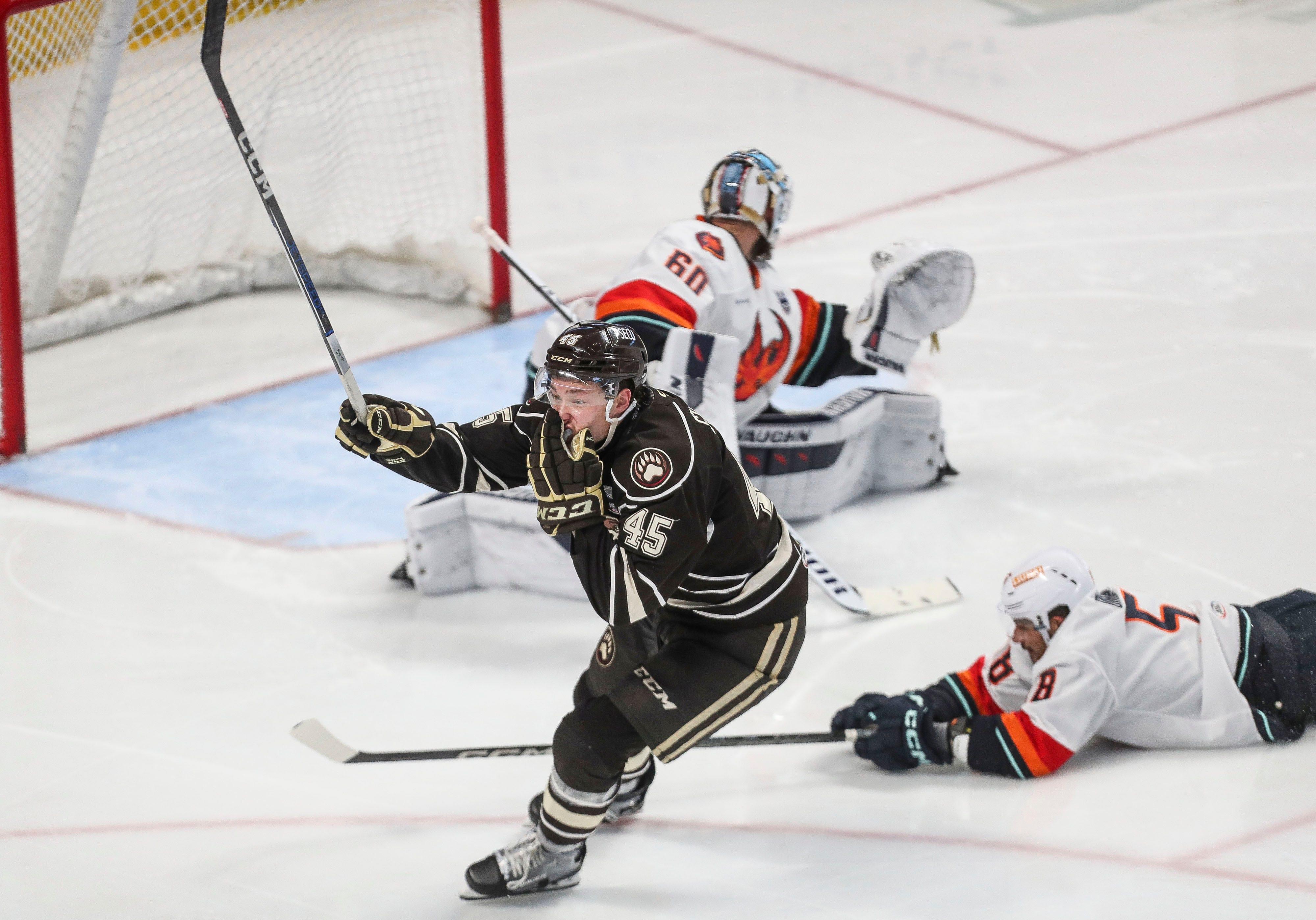 Matt Strome, 45, scores the winning goal in overtime for the Hershey Bears to win the AHL Calder Cup over the Coachella Valley Firebirds at the Giant Center in Hershey, Pa., June 24, 2024.