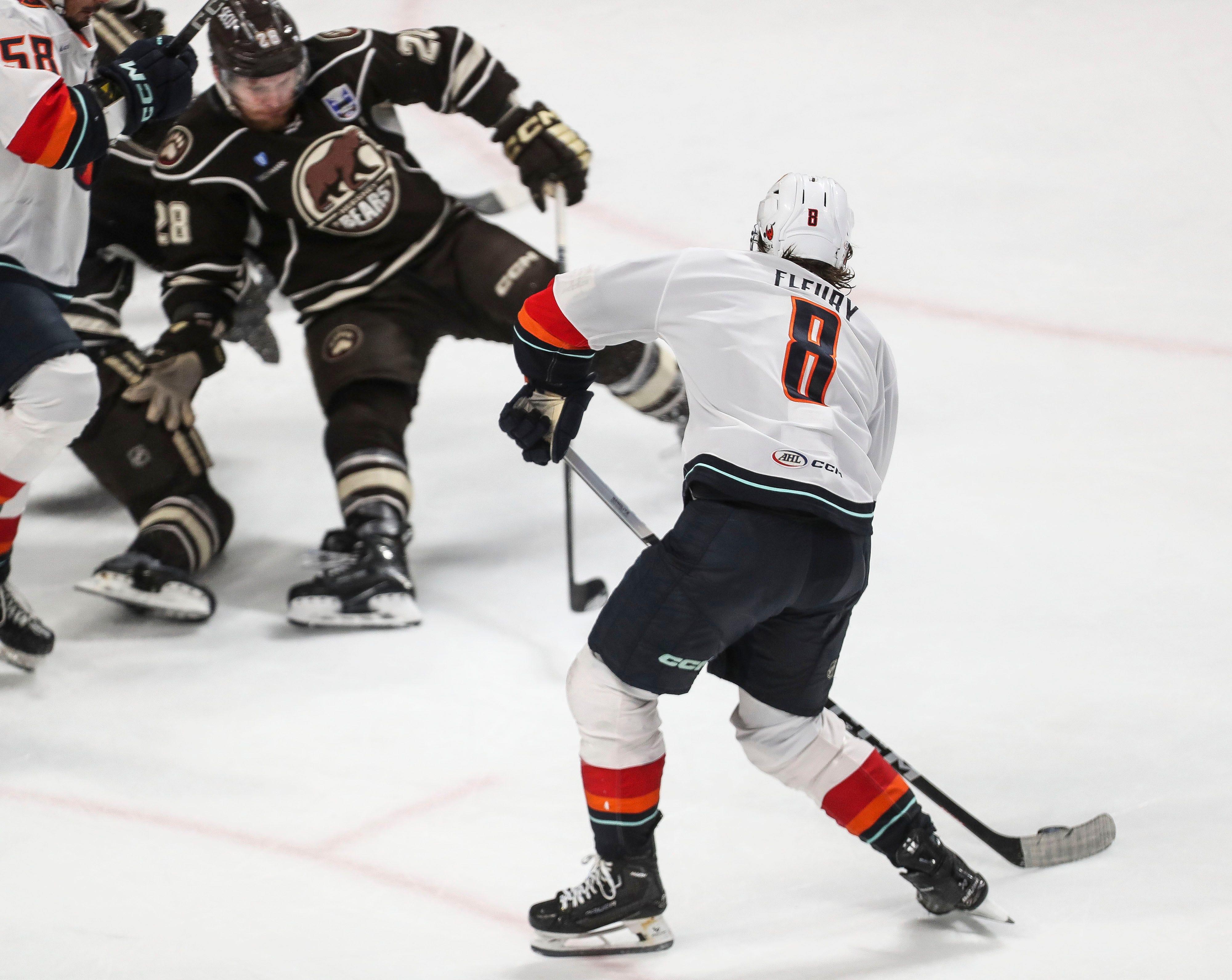 Cale Fleury scores the tying goal for the Coachella Valley Firebirds in the third period against Hershey Bears during Game 6 of the AHL Calder Cup at the Giant Center in Hershey, Pa., June 24, 2024.