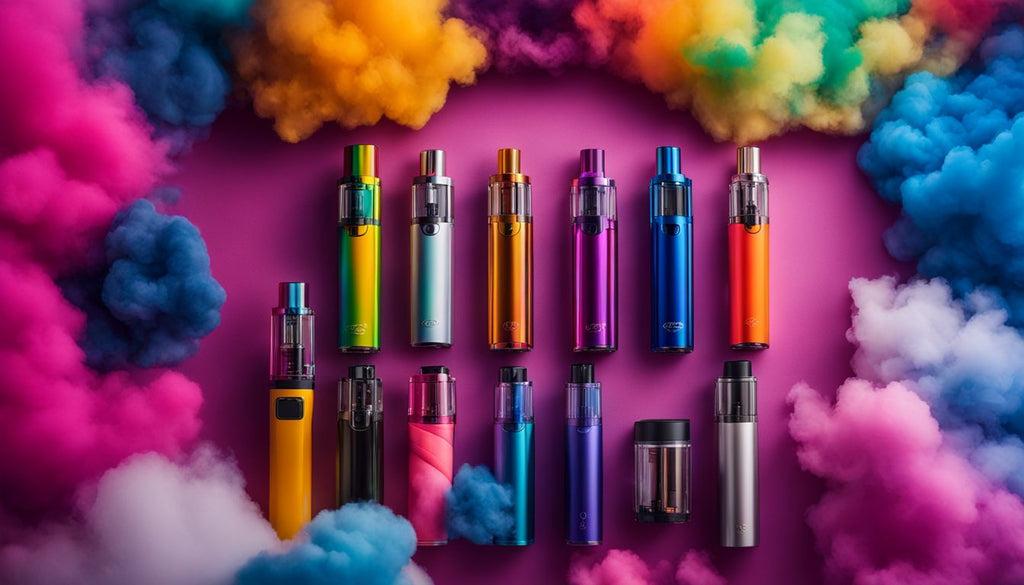 A collection of colorful vape pens with various puff clouds.