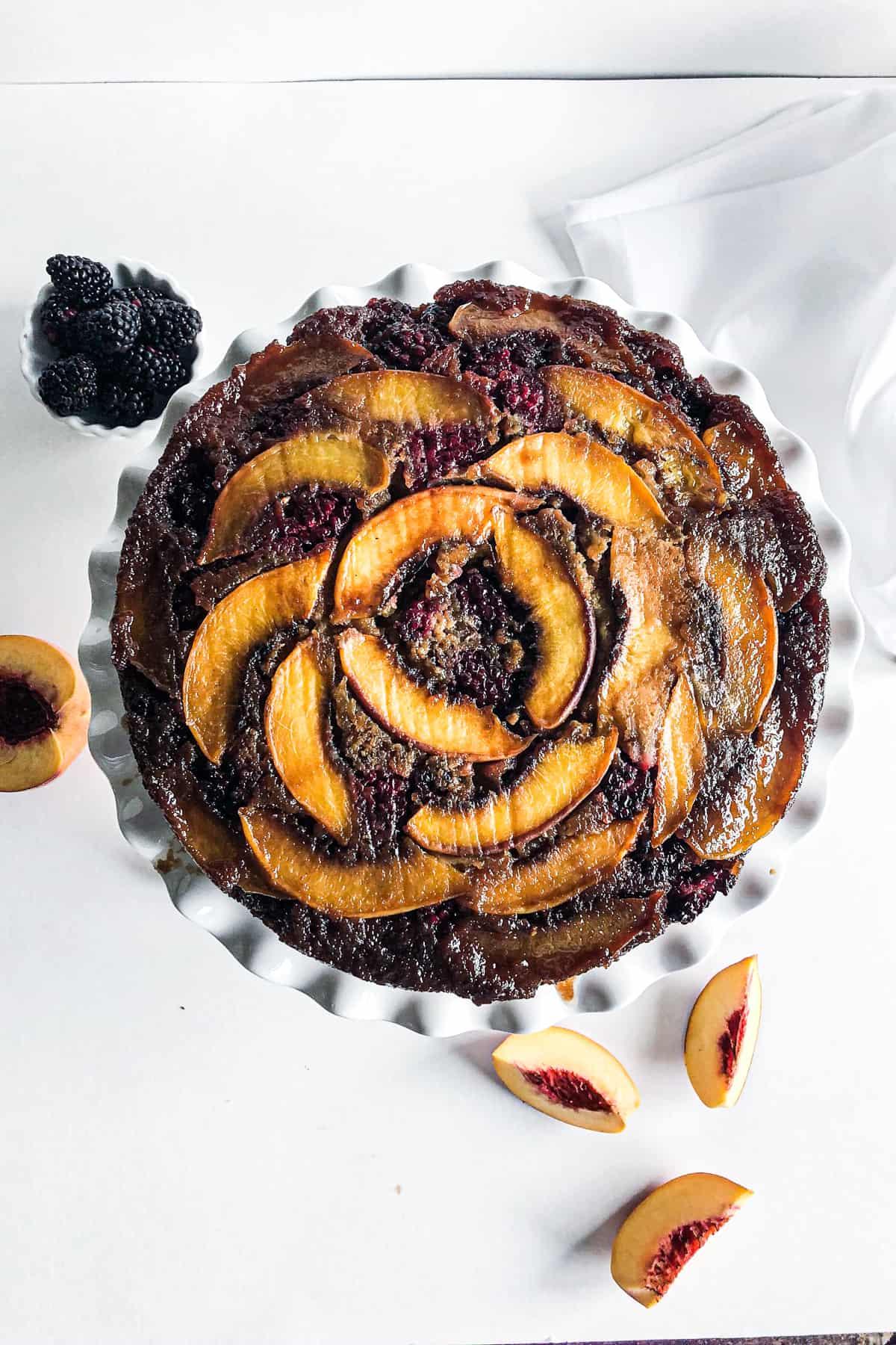 Peach blackberry upside down cake from the top.