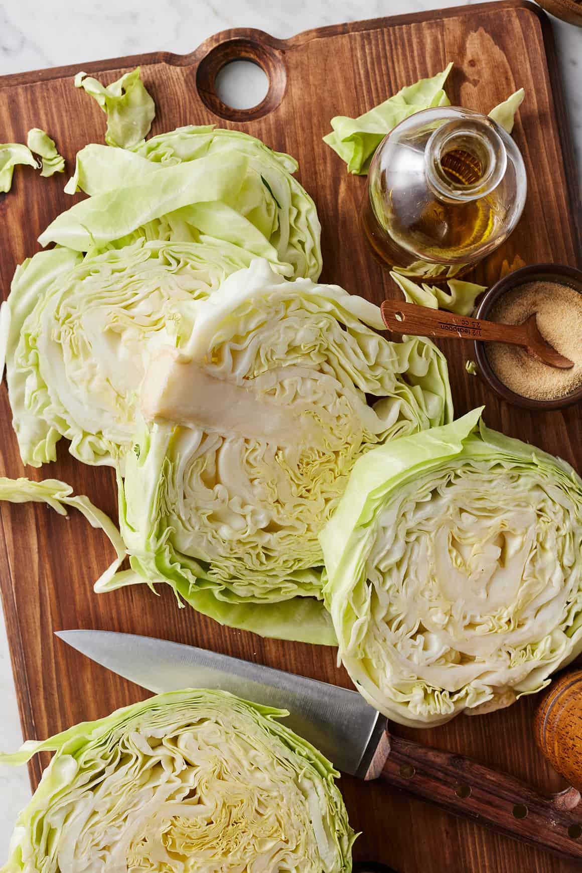 Cabbage steaks on cutting board