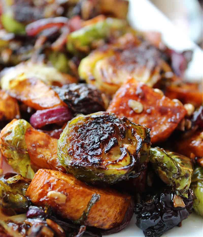 roasted brussels and sweet potatoes with nuts and cranberries