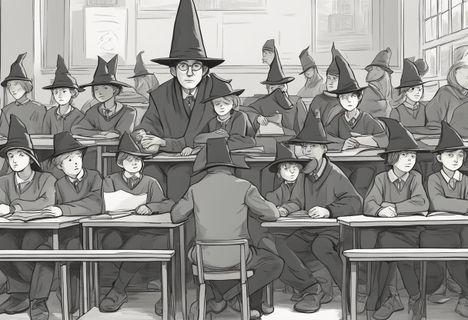 A sorting hat sits on a stool, surrounded by eager students. The hat seems to be pondering, as if trying to determine the true nature of each student