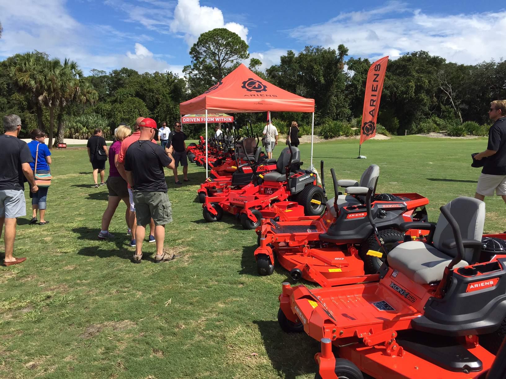 Ariens and Gravely managers talk with reporters last week about the equipment the manufacturers will be bringing to GIE+EXPO this month, including the Gravely mowers powered by Yamaha’s new engines. Photo: David Rountree