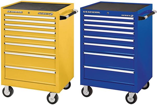 Harbor Freight US General Tool Box Roller Cabinets in Yellow and Blue