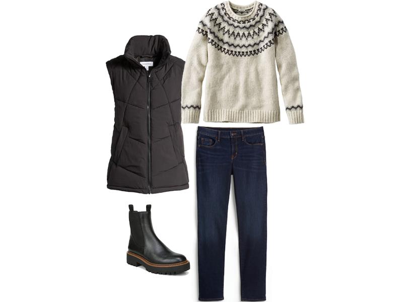 Black Puffer vest, straight dark jeans, fair isle sweater, and black lug-sole boots