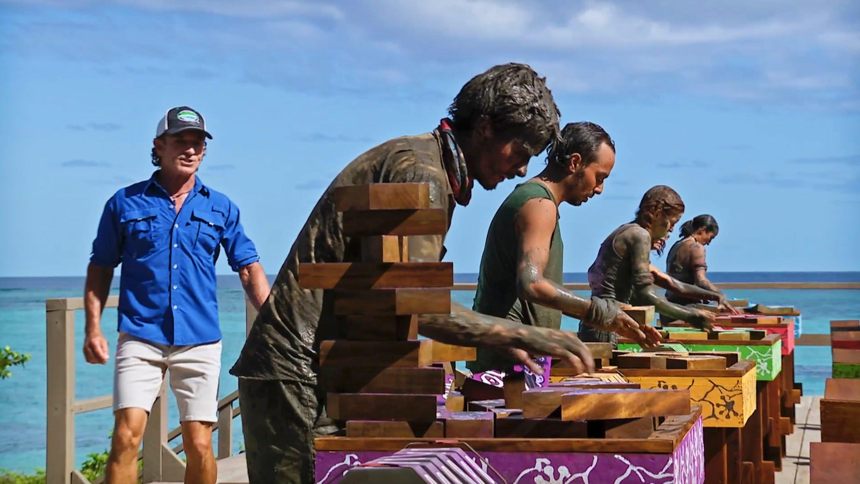 “Friends Going to War” - The remaining five castaways must overcome multiple obstacles to guarantee they cannot be voted out of this game in the penultimate immunity challenge. With the final immunity of the season comes the power to choose who will have to earn their way to the final three. Then, one castaway will be crowned Sole Survivor on the two-hour season finale, followed by the After Show hosted by Jeff Probst, on SURVIVOR, Wednesday, May 22 (8:00-11:00 PM, ET/PT) on the CBS Television Network, and streaming on Paramount+ (live and on-demand for Paramount+ with SHOWTIME subscribers, or on-demand for Paramount+ Essential subscribers the day after the episode airs)*. Jeff Probst serves as host and executive producer. Pictured (L-R): Jeff Probst, Charlie Davis, Ben Katzman, Kenzie Veurink, Liz Wilcox, and Maria Gonzalez. Photo: CBS ©2024 CBS Broadcasting, Inc. All Rights Reserved. Highest quality screengrab available.