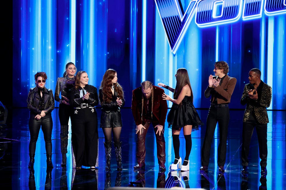 Jordan Rainer, Jacquie Roar, Ruby Leigh, Mara Justine, Huntley, Nini Iris, BIAS and Mac Royals during the live semi-final results of Season 24 of "The Voice."