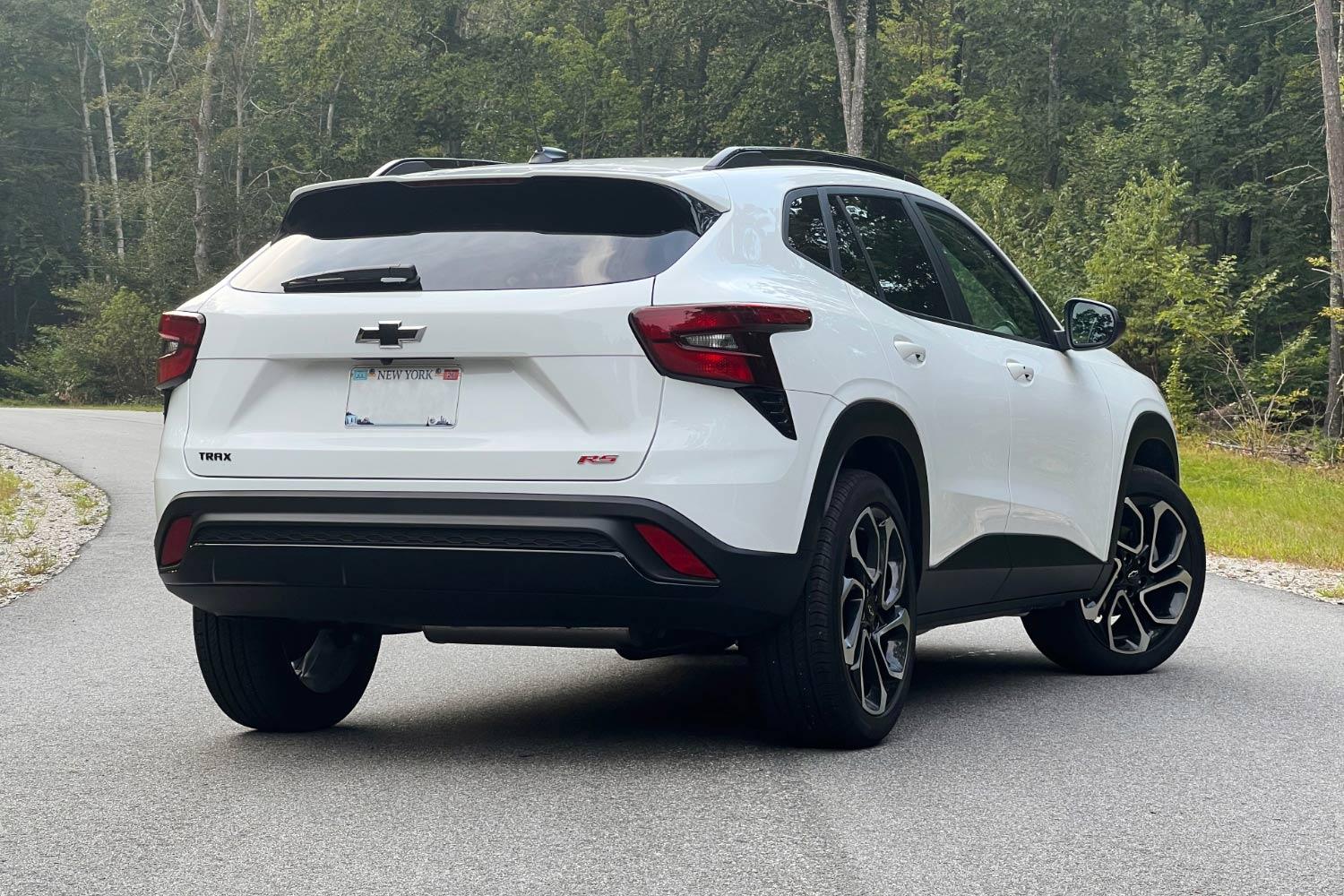 Rear three-quarter view of a white 2024 Chevrolet Trax