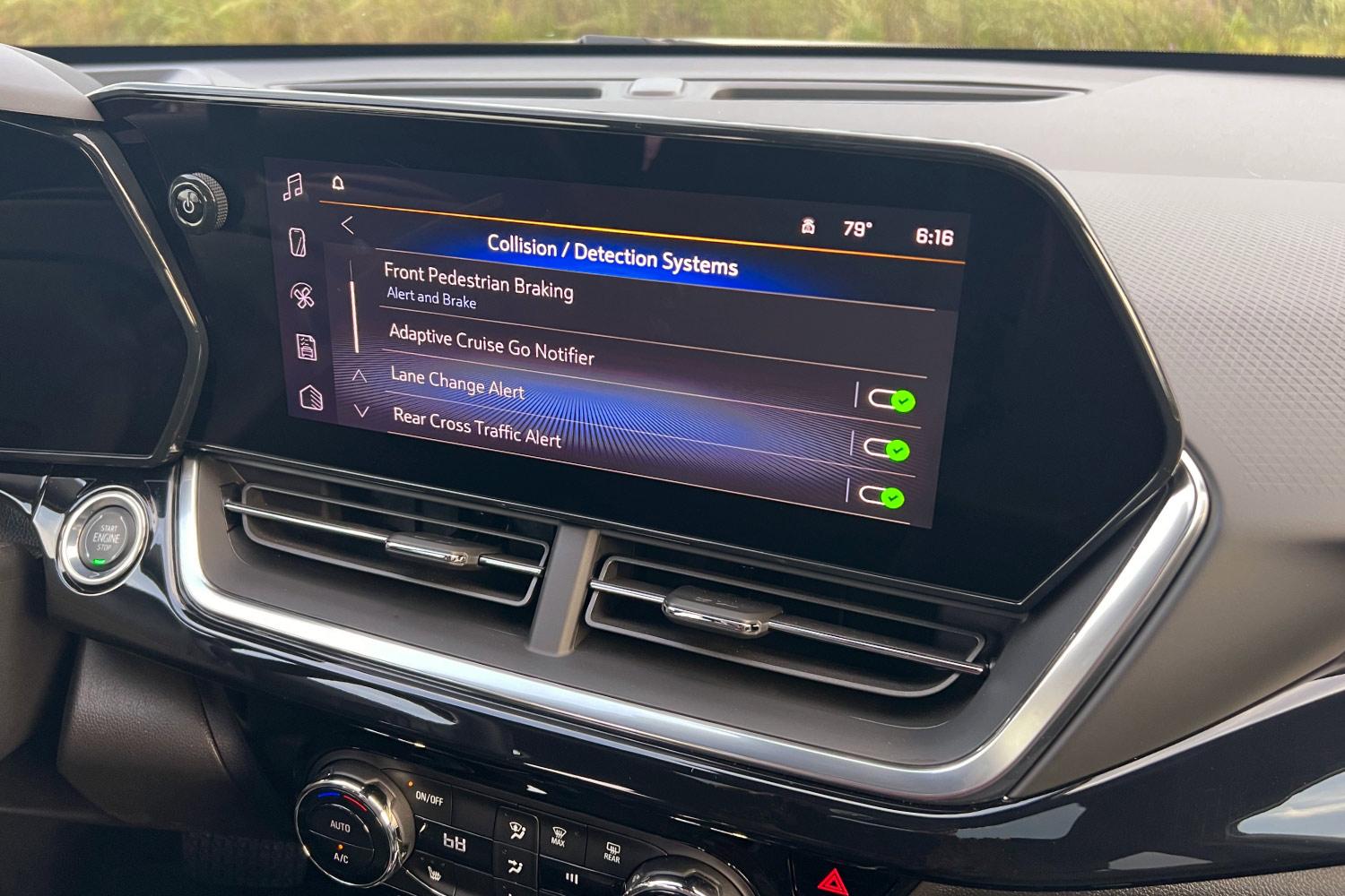 Safety system controls on the infotainment screen in a 2024 Chevrolet Trax