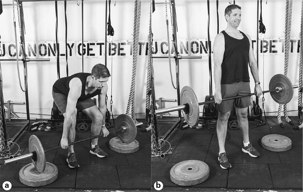 FIGURE 5.5 Deadlift from blocks: start position (a), and finish (b).