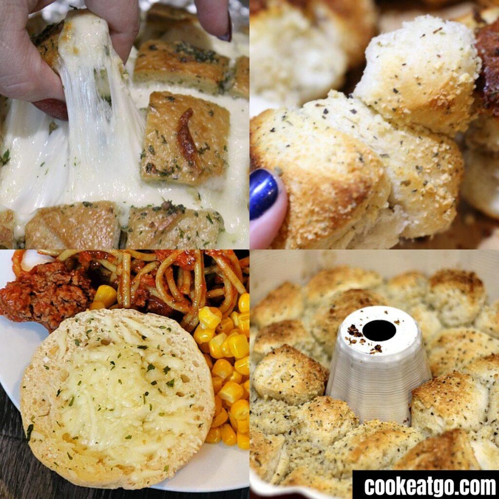 photo collage of 4 types of garlic bread to serve with chicken parmesan